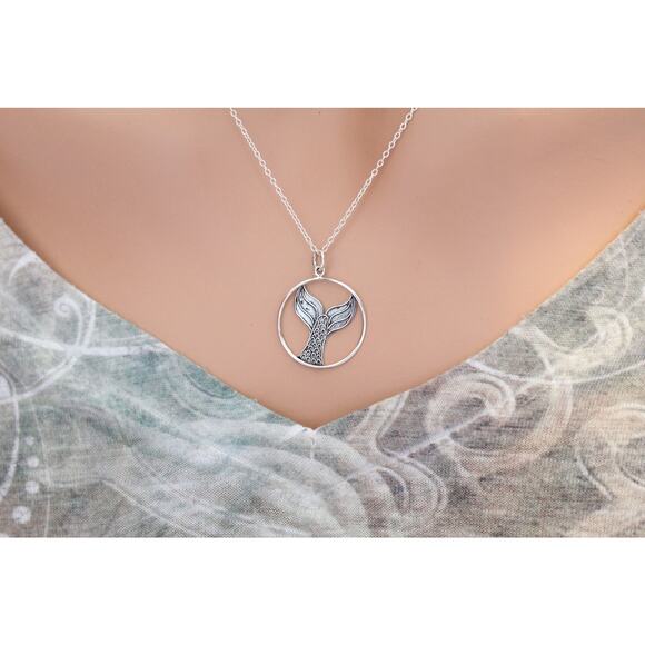 Jewelry - Sterling Silver Mermaid Tail Pendant Necklace, Mermaid Tail Circle Necklace